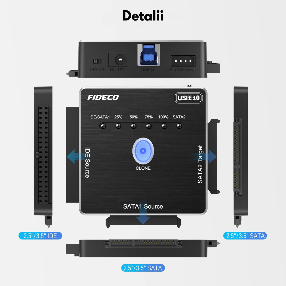 Adaptor FIDECO SATA/IDE la USB 3.0 pentru HDD/SSD Extern Universal, pentru Hard Disk-uri de 2.5/3.5 inch si Unitate Optica 5.25 inch DVD/CD, Clonare Offline, Cablu alimentare, Transfer Date 5Gbps, Suporta Capacitate 16TB, Compatibil Windows/Mac OS/Linux