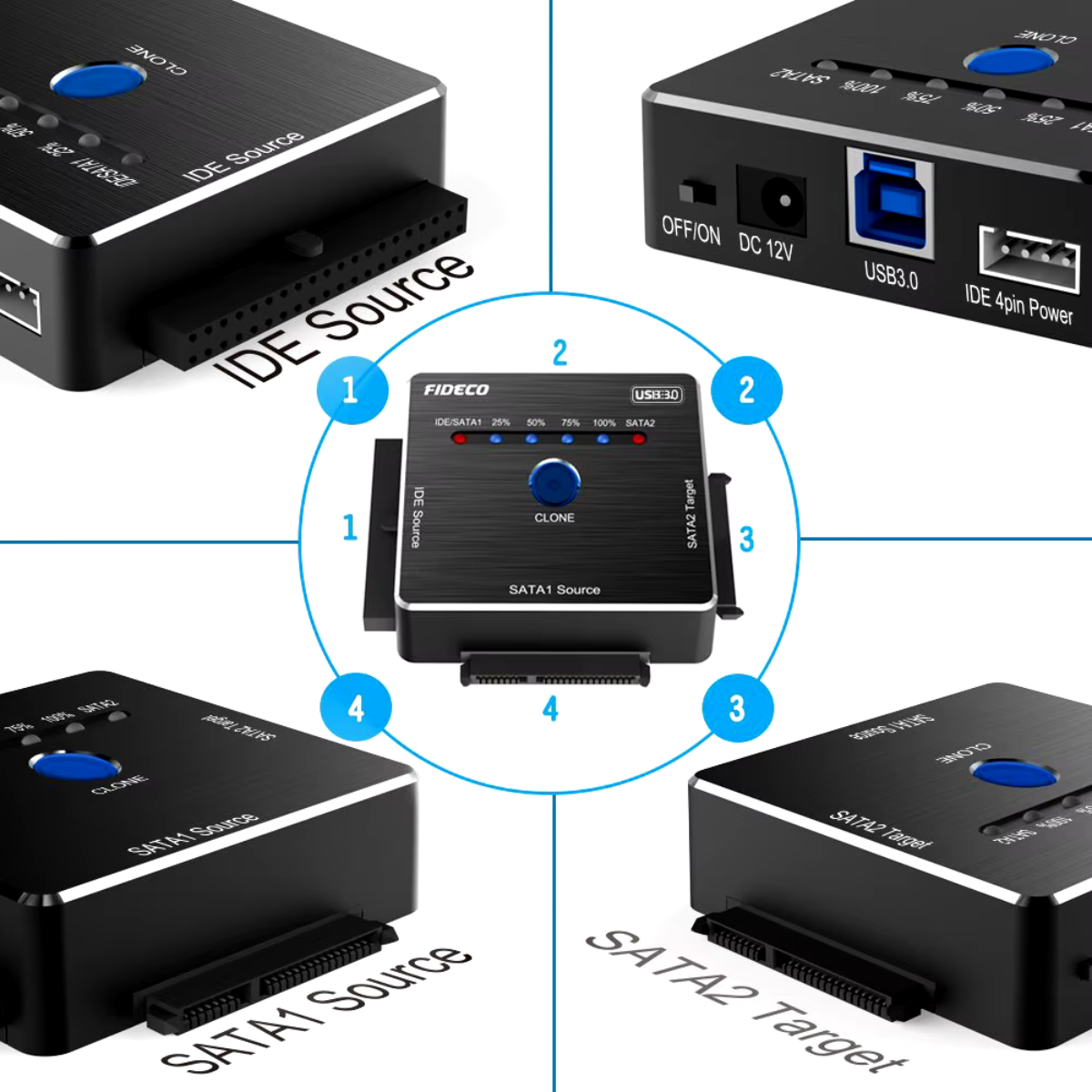 Adaptor FIDECO SATA/IDE la USB 3.0 pentru HDD/SSD Extern Universal, pentru Hard Disk-uri de 2.5/3.5 inch si Unitate Optica 5.25 inch DVD/CD, Clonare Offline, Cablu alimentare, Transfer Date 5Gbps, Suporta Capacitate 16TB, Compatibil Windows/Mac OS/Linux