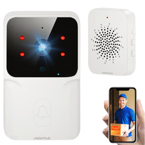 Sonerie Wireless cu Video, Interfon Smart fara fir VisionHub®, Camera Video 1080P HD cu Vedere nocturna, Impermeabila IP65, convorbire in 2 sensuri, control la distanta prin aplicatie Tuya Android/iOS, WiFi, Raza de actiune 150m, Alerta Vizuala 3M, Alb