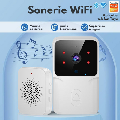 Sonerie Wireless cu Video, Interfon Smart fara fir VisionHub®, Camera Video 1080P HD cu Vedere nocturna, Impermeabila IP65, convorbire in 2 sensuri, control la distanta prin aplicatie Tuya Android/iOS, WiFi, Raza de actiune 150m, Alerta Vizuala 3M, Alb