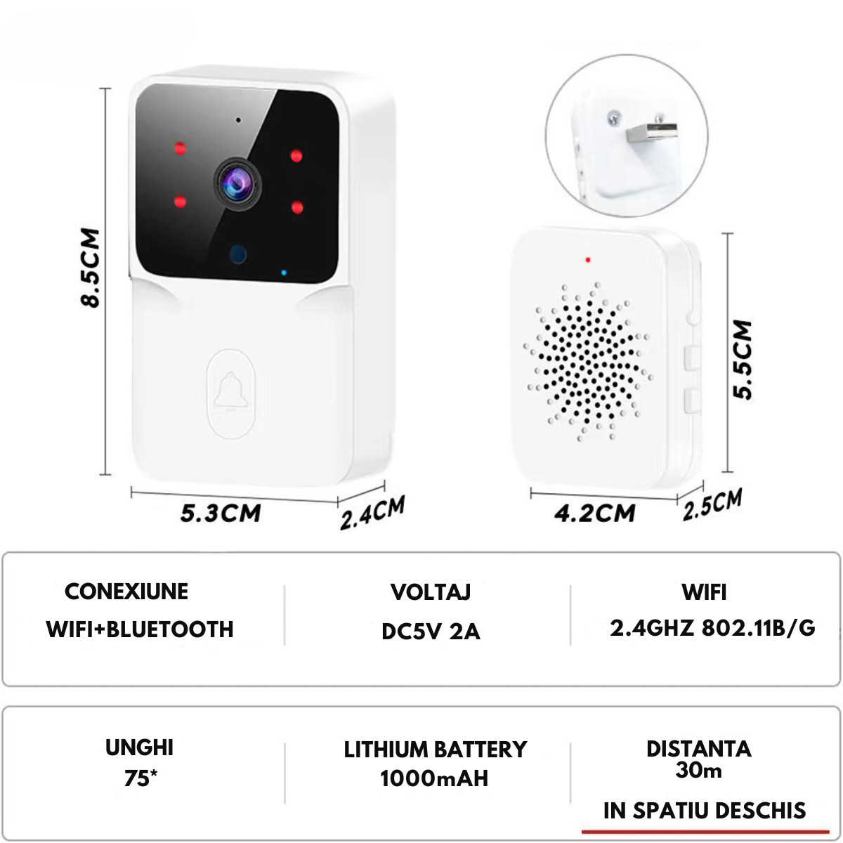 Sonerie Wireless cu Video, Interfon Smart fara fir VisionHub®, Camera Video 1080P HD cu Vedere nocturna, Impermeabila IP65, convorbire in 2 sensuri, control la distanta prin aplicatie Tuya Android/iOS, WiFi, Raza de actiune 150m, Alerta Vizuala 3M, Alb