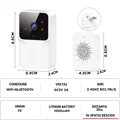 Sonerie Wireless cu Video, Interfon Smart fara fir VisionHub®, Camera Video 1080P HD cu Vedere nocturna, Impermeabila IP65, convorbire in 2 sensuri, control la distanta prin aplicatie Tuya Android/iOS, WiFi, Raza de actiune 150m, Alerta Vizuala 3M, Alb