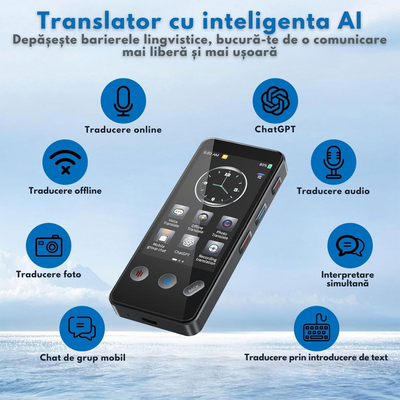 Traducator Inteligent Multifunctional, Wi-Fi, 4G, HotSpot, Inteligenta Artificiala AI ChatGPT, Traducere vocala instantanee online in 142 de limbi Online, 19 limbi Offline, Traducere foto, Ecran tactil, Translator text, Reportofon, Dictionar