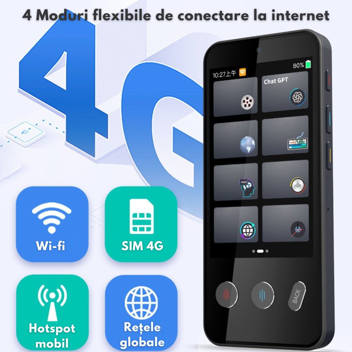 Traducator Inteligent Multifunctional, Wi-Fi, 4G, HotSpot, Inteligenta Artificiala AI ChatGPT, Traducere vocala instantanee online in 142 de limbi Online, 19 limbi Offline, Traducere foto, Ecran tactil, Translator text, Reportofon, Dictionar