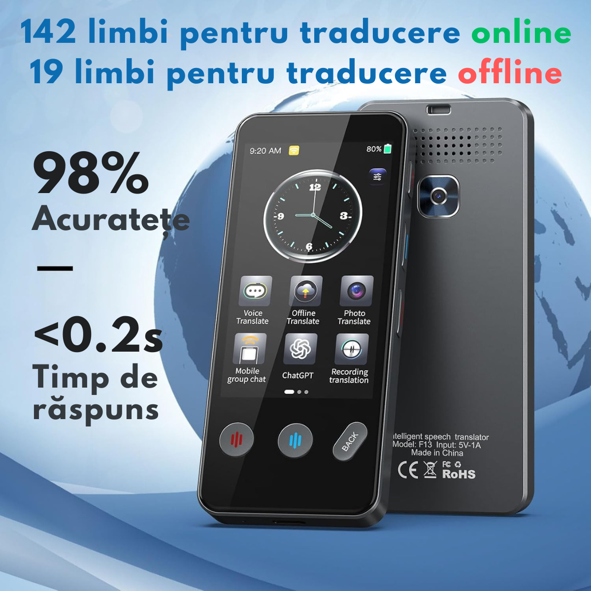 Traducator Inteligent Multifunctional, Wi-Fi, 4G, HotSpot, Inteligenta Artificiala AI ChatGPT, Traducere vocala instantanee online in 142 de limbi Online, 19 limbi Offline, Traducere foto, Ecran tactil, Translator text, Reportofon, Dictionar