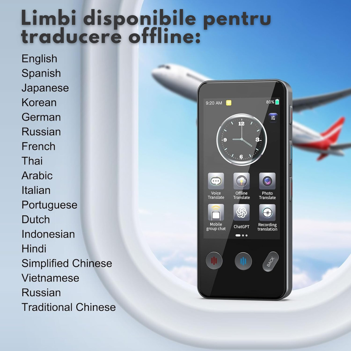 Traducator Inteligent Multifunctional, Wi-Fi, 4G, HotSpot, Inteligenta Artificiala AI ChatGPT, Traducere vocala instantanee online in 142 de limbi Online, 19 limbi Offline, Traducere foto, Ecran tactil, Translator text, Reportofon, Dictionar