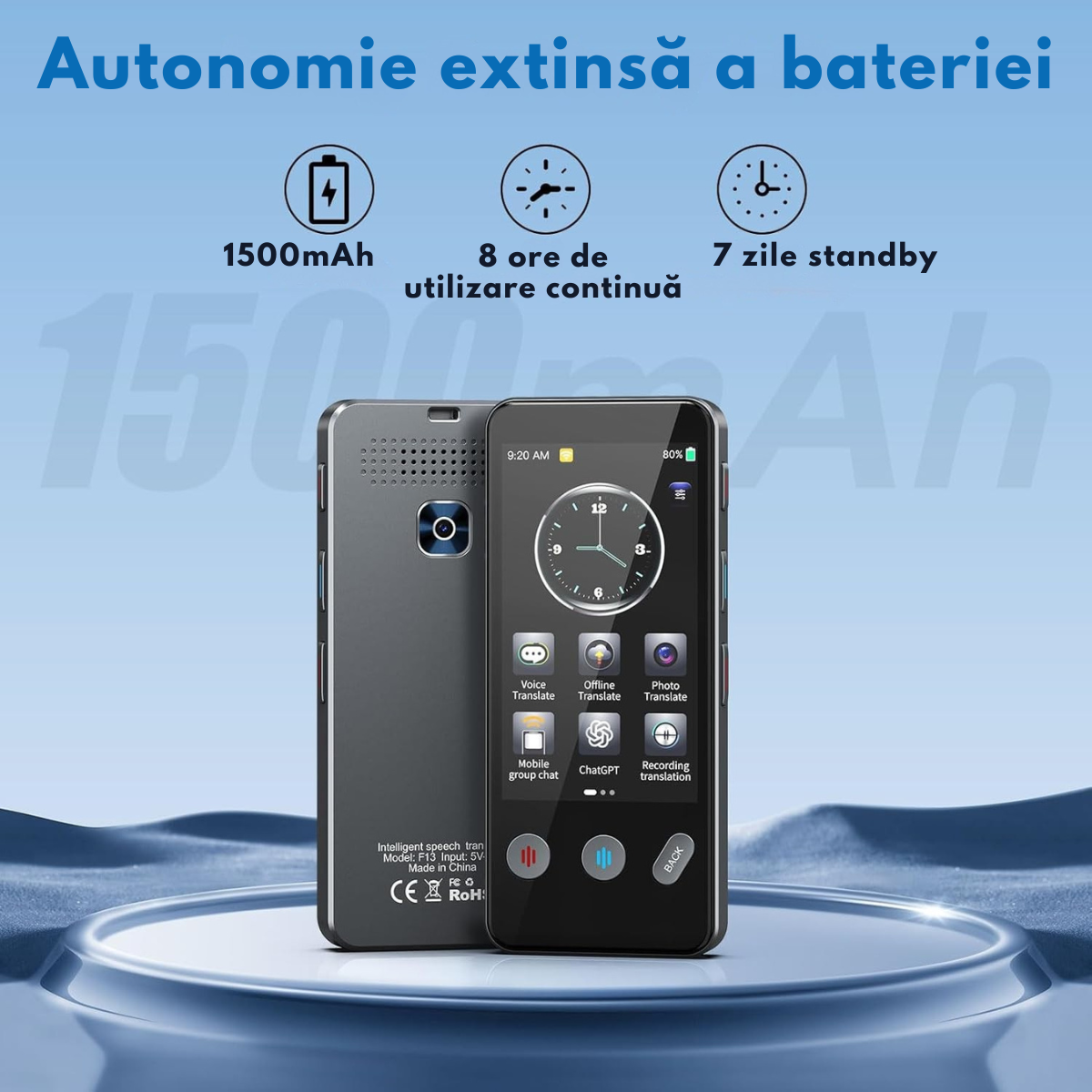 Traducator Inteligent Multifunctional, Wi-Fi, 4G, HotSpot, Inteligenta Artificiala AI ChatGPT, Traducere vocala instantanee online in 142 de limbi Online, 19 limbi Offline, Traducere foto, Ecran tactil, Translator text, Reportofon, Dictionar