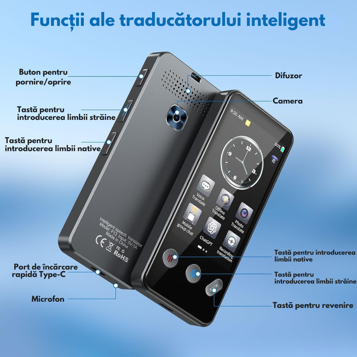 Traducator Inteligent Multifunctional, Wi-Fi, 4G, HotSpot, Inteligenta Artificiala AI ChatGPT, Traducere vocala instantanee online in 142 de limbi Online, 19 limbi Offline, Traducere foto, Ecran tactil, Translator text, Reportofon, Dictionar