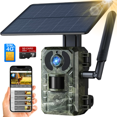 Camera de Supraveghere pentru Vanatoare Trail 4G, VisionHub®, cu Lentila de 4MP, alimentate cu energie solara, vizualizare live si alerte de miscare, vedere pe timp de noapte, Impermeabila IP66, Panou Solar 4W, pentru monitorizarea vietii salbatice