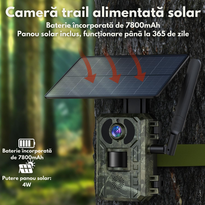 Camera de Supraveghere pentru Vanatoare Trail 4G, VisionHub®, cu Lentila de 4MP, alimentate cu energie solara, vizualizare live si alerte de miscare, vedere pe timp de noapte, Impermeabila IP66, Panou Solar 4W, pentru monitorizarea vietii salbatice