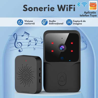 Sonerie Wireless cu Video, Interfon Smart fara fir VisionHub®, Camera Video 1080P HD cu Vedere nocturna, Impermeabila IP65, convorbire in 2 sensuri, control la distanta prin aplicatie Tuya Android/iOS, WiFi, Raza de actiune 150m, Alerta Vizuala 3M, Negru
