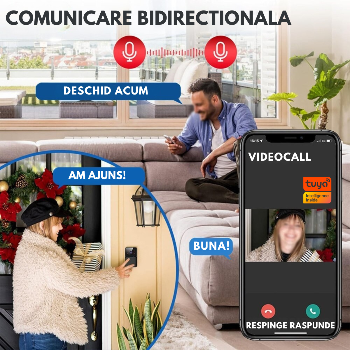 Sonerie Wireless cu Video, Interfon Smart fara fir VisionHub®, Camera Video 1080P HD cu Vedere nocturna, Impermeabila IP65, convorbire in 2 sensuri, control la distanta prin aplicatie Tuya Android/iOS, WiFi, Raza de actiune 150m, Alerta Vizuala 3M, Negru