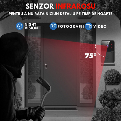 Sonerie Wireless cu Video, Interfon Smart fara fir VisionHub®, Camera Video 1080P HD cu Vedere nocturna, Impermeabila IP65, convorbire in 2 sensuri, control la distanta prin aplicatie Tuya Android/iOS, WiFi, Raza de actiune 150m, Alerta Vizuala 3M, Negru