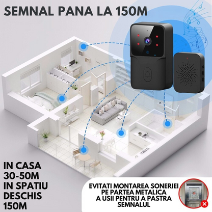 Sonerie Wireless cu Video, Interfon Smart fara fir VisionHub®, Camera Video 1080P HD cu Vedere nocturna, Impermeabila IP65, convorbire in 2 sensuri, control la distanta prin aplicatie Tuya Android/iOS, WiFi, Raza de actiune 150m, Alerta Vizuala 3M, Negru