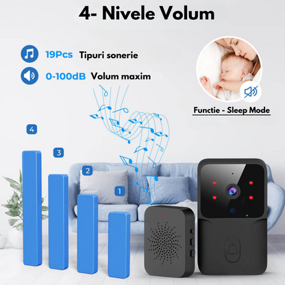 Sonerie Wireless cu Video, Interfon Smart fara fir VisionHub®, Camera Video 1080P HD cu Vedere nocturna, Impermeabila IP65, convorbire in 2 sensuri, control la distanta prin aplicatie Tuya Android/iOS, WiFi, Raza de actiune 150m, Alerta Vizuala 3M, Negru