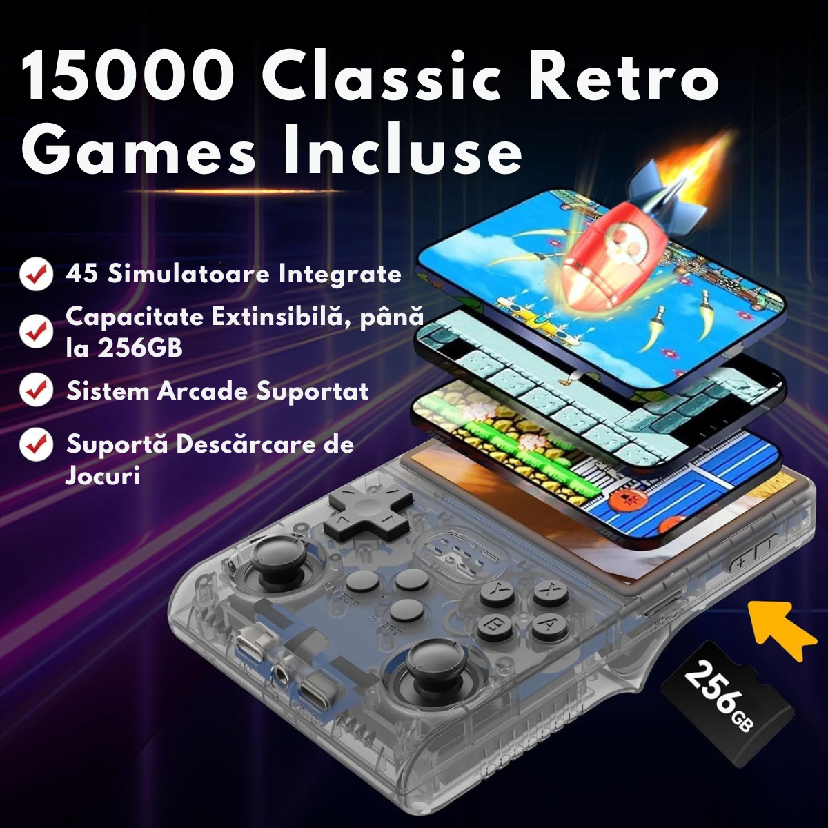 Consola Gaming portabila cu 15.000+ Jocuri Clasice, VisionHub®, Ecran HD 3.5'', 128GB Stocare, Joystick-uri 3D, Multiplayer Wireless, Iesire Video/Audio, Design Compact si Performanta Maxima, Mov