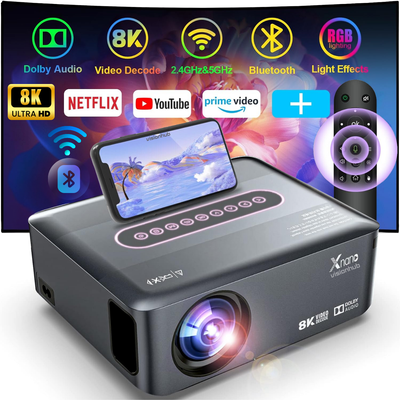 Videoproiector portabil Full HD VisionHub®, Android 9.0 si Wi-Fi & Bluetooth, 12 000 Lumeni, Proiector cu Rezolutie 1920 x 1080 HD, Suport 4K/8K, HDMI, VGA, AV, USB, Dolby Digital Audio, Mirroring pentru Android/IOS, difuzor integrat, Telecomanda smart