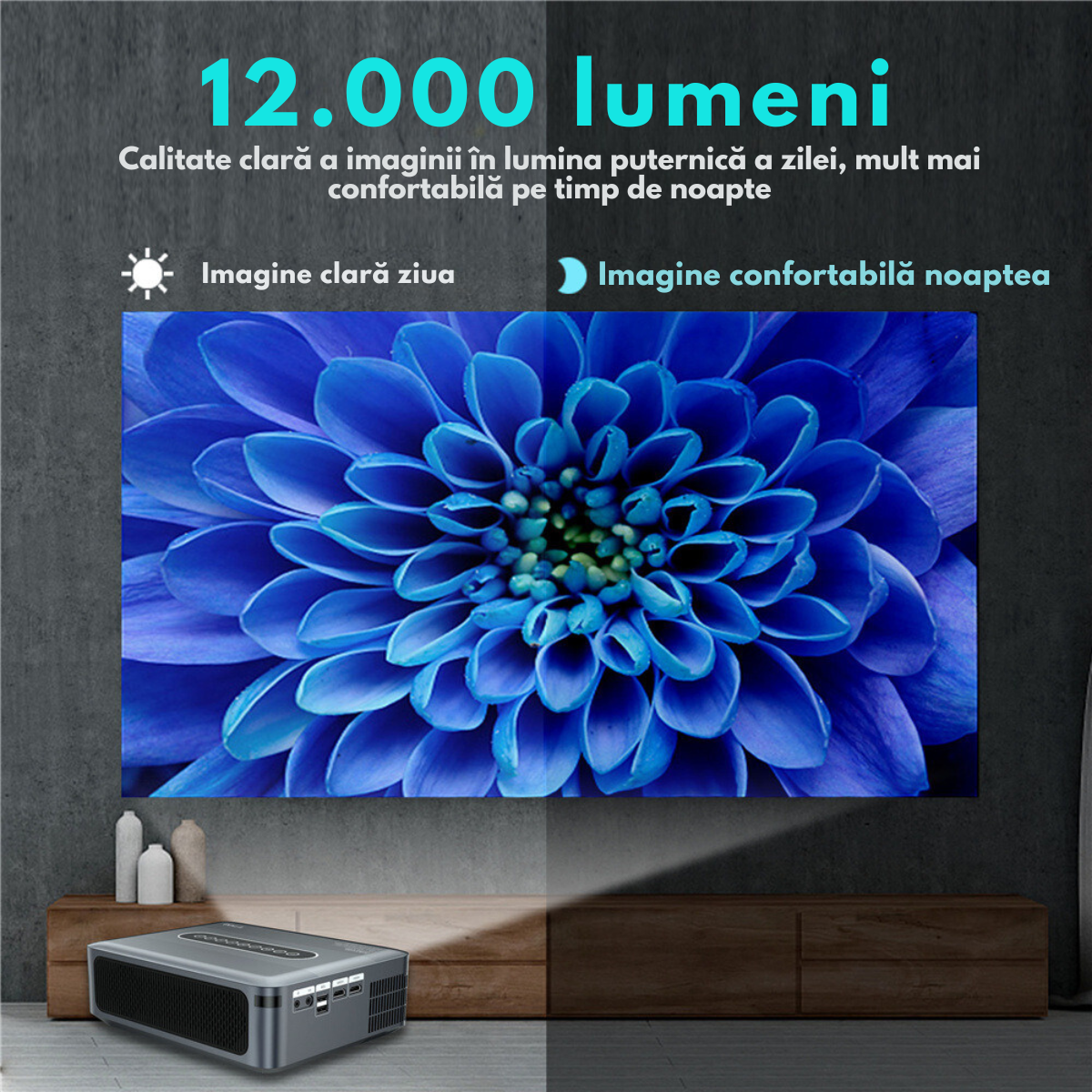 Videoproiector portabil Full HD VisionHub®, Android 9.0 si Wi-Fi & Bluetooth, 12 000 Lumeni, Proiector cu Rezolutie 1920 x 1080 HD, Suport 4K/8K, HDMI, VGA, AV, USB, Dolby Digital Audio, Mirroring pentru Android/IOS, difuzor integrat, Telecomanda smart