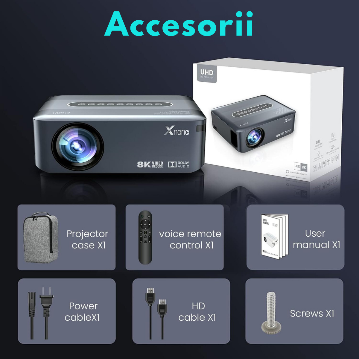 Videoproiector portabil Full HD VisionHub®, Android 9.0 si Wi-Fi & Bluetooth, 12 000 Lumeni, Proiector cu Rezolutie 1920 x 1080 HD, Suport 4K/8K, HDMI, VGA, AV, USB, Dolby Digital Audio, Mirroring pentru Android/IOS, difuzor integrat, Telecomanda smart