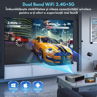 Videoproiector portabil Full HD VisionHub®, Android 9.0 si Wi-Fi & Bluetooth, 12 000 Lumeni, Proiector cu Rezolutie 1920 x 1080 HD, Suport 4K/8K, HDMI, VGA, AV, USB, Dolby Digital Audio, Mirroring pentru Android/IOS, difuzor integrat, Telecomanda smart