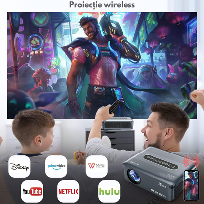 Videoproiector portabil Full HD VisionHub®, Android 9.0 si Wi-Fi & Bluetooth, 12 000 Lumeni, Proiector cu Rezolutie 1920 x 1080 HD, Suport 4K/8K, HDMI, VGA, AV, USB, Dolby Digital Audio, Mirroring pentru Android/IOS, difuzor integrat, Telecomanda smart