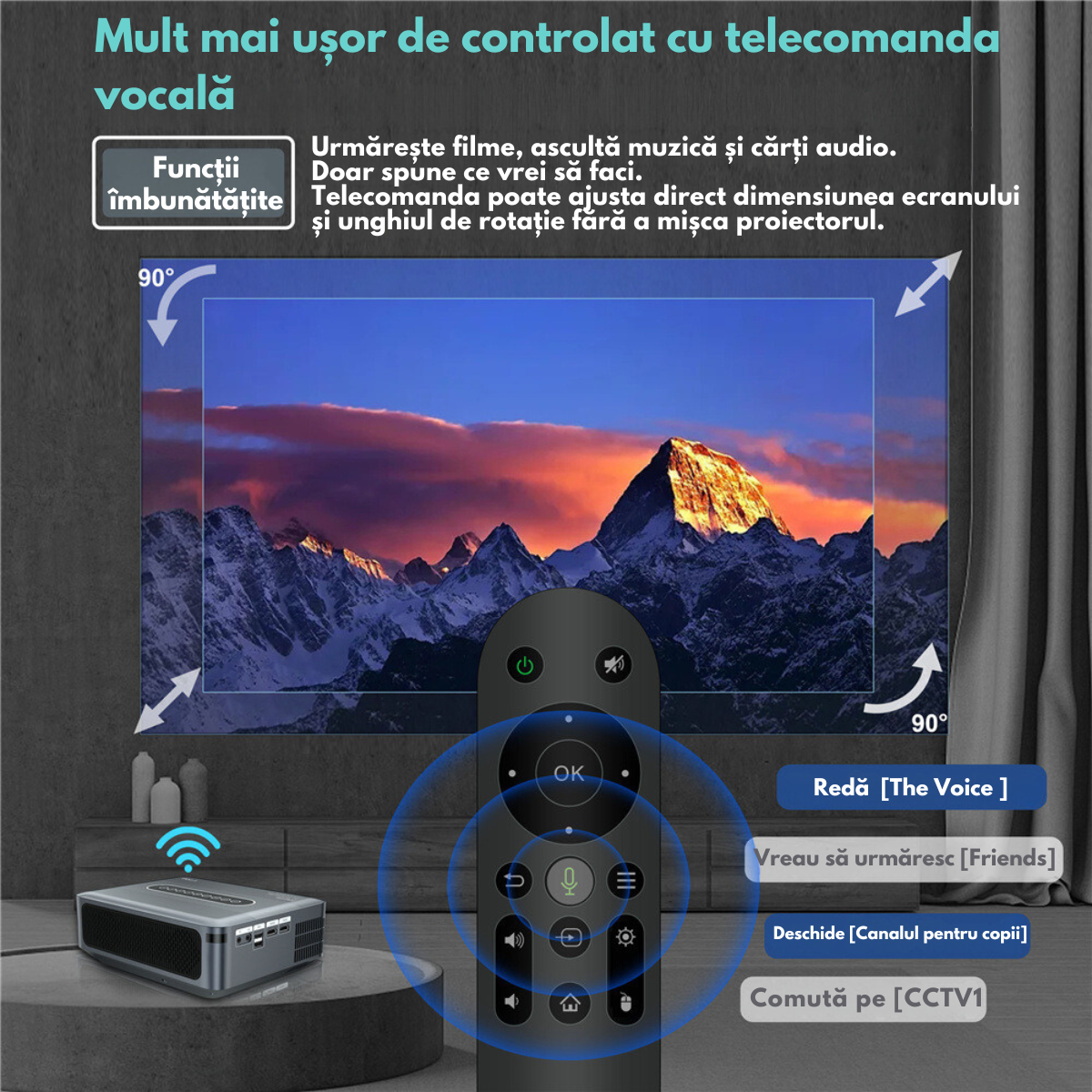 Videoproiector portabil Full HD VisionHub®, Android 9.0 si Wi-Fi & Bluetooth, 12 000 Lumeni, Proiector cu Rezolutie 1920 x 1080 HD, Suport 4K/8K, HDMI, VGA, AV, USB, Dolby Digital Audio, Mirroring pentru Android/IOS, difuzor integrat, Telecomanda smart