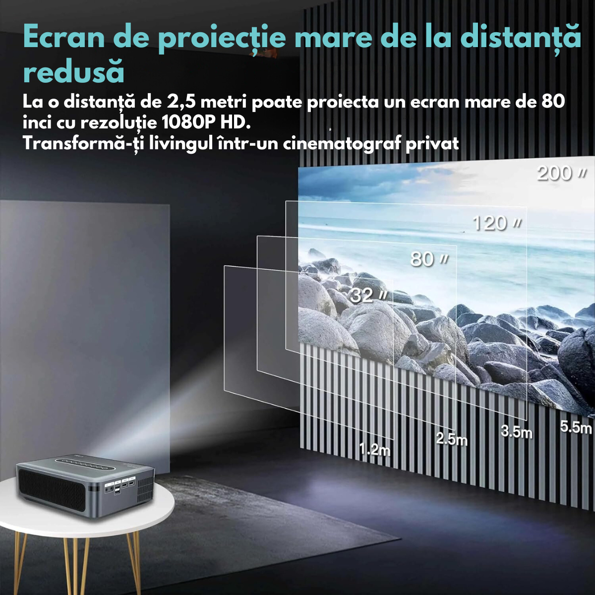 Videoproiector portabil Full HD VisionHub®, Android 9.0 si Wi-Fi & Bluetooth, 12 000 Lumeni, Proiector cu Rezolutie 1920 x 1080 HD, Suport 4K/8K, HDMI, VGA, AV, USB, Dolby Digital Audio, Mirroring pentru Android/IOS, difuzor integrat, Telecomanda smart
