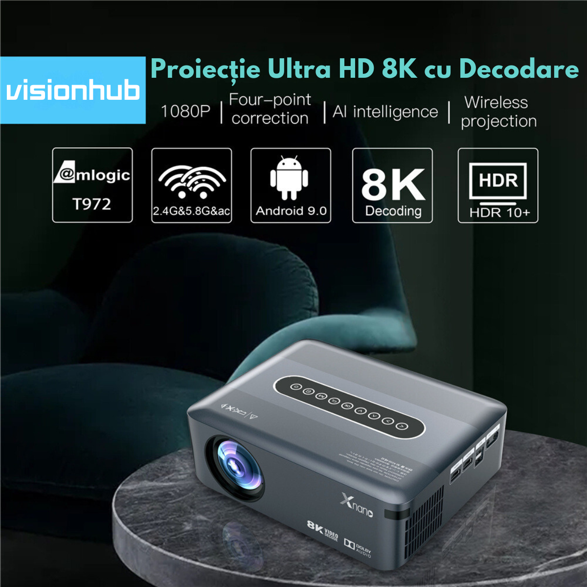 Videoproiector portabil Full HD VisionHub®, Android 9.0 si Wi-Fi & Bluetooth, 12 000 Lumeni, Proiector cu Rezolutie 1920 x 1080 HD, Suport 4K/8K, HDMI, VGA, AV, USB, Dolby Digital Audio, Mirroring pentru Android/IOS, difuzor integrat, Telecomanda smart