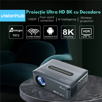 Videoproiector portabil Full HD VisionHub®, Android 9.0 si Wi-Fi & Bluetooth, 12 000 Lumeni, Proiector cu Rezolutie 1920 x 1080 HD, Suport 4K/8K, HDMI, VGA, AV, USB, Dolby Digital Audio, Mirroring pentru Android/IOS, difuzor integrat, Telecomanda smart