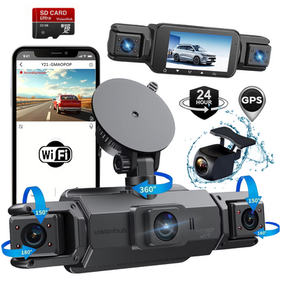 Camera de bord pentru masina cu 4 canale 360° – FHD 1080P, VisionHub®, WIFI + GPS, Monitorizare PARCARE 24h, G-Senzor, Aplicatie Telefon, Night Vision, Inregistrare in bucla, Ecran IPS 3 Inch, DVR cu Camera Fata + Spate + Stanga + Dreapta, Card 32Gb