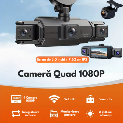 Camera de bord pentru masina cu 4 canale 360° – FHD 1080P, VisionHub®, WIFI + GPS, Monitorizare PARCARE 24h, G-Senzor, Aplicatie Telefon, Night Vision, Inregistrare in bucla, Ecran IPS 3 Inch, DVR cu Camera Fata + Spate + Stanga + Dreapta, Card 32Gb