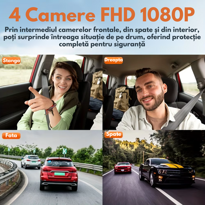 Camera de bord pentru masina cu 4 canale 360° – FHD 1080P, VisionHub®, WIFI + GPS, Monitorizare PARCARE 24h, G-Senzor, Aplicatie Telefon, Night Vision, Inregistrare in bucla, Ecran IPS 3 Inch, DVR cu Camera Fata + Spate + Stanga + Dreapta, Card 32Gb
