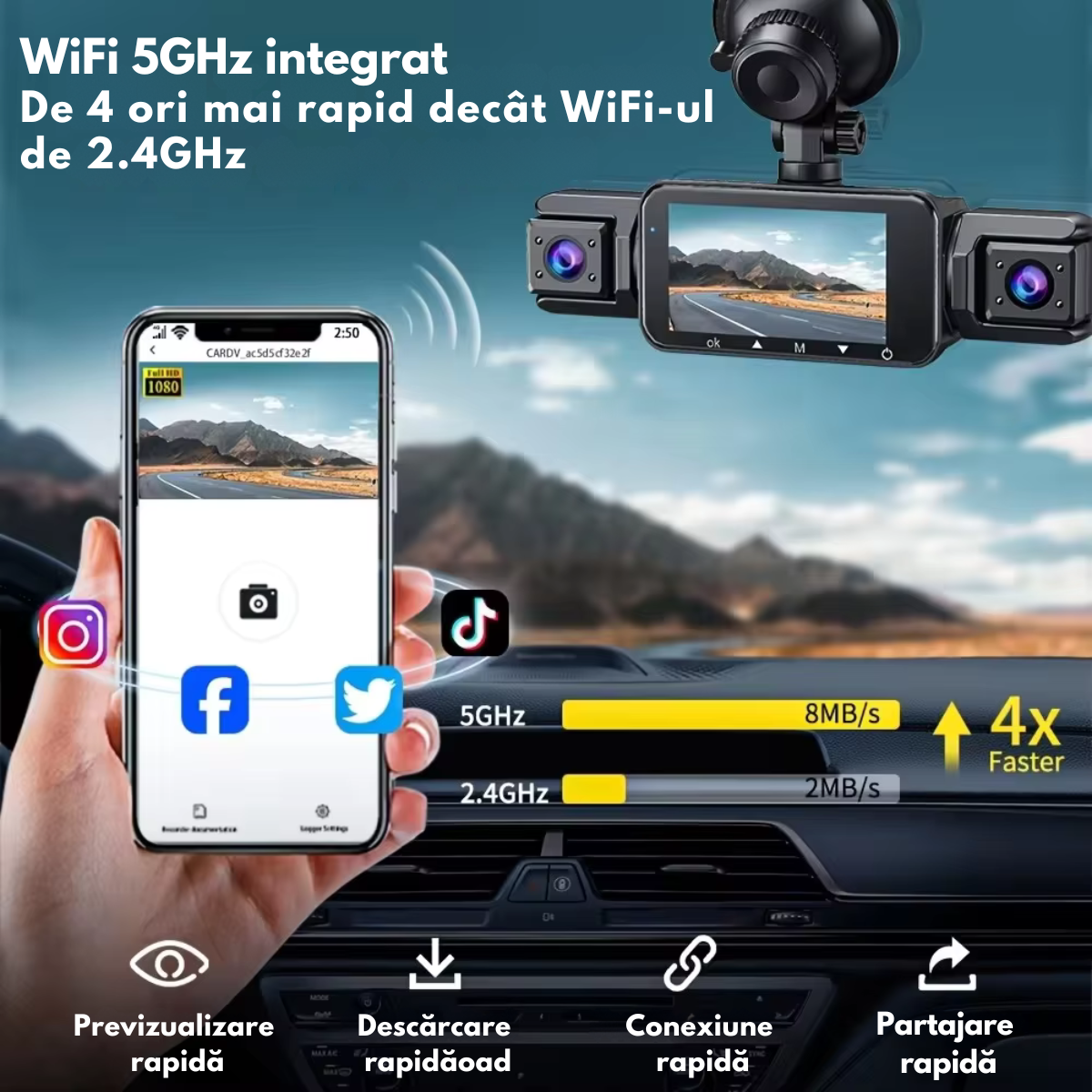 Camera de bord pentru masina cu 4 canale 360° – FHD 1080P, VisionHub®, WIFI + GPS, Monitorizare PARCARE 24h, G-Senzor, Aplicatie Telefon, Night Vision, Inregistrare in bucla, Ecran IPS 3 Inch, DVR cu Camera Fata + Spate + Stanga + Dreapta, Card 32Gb