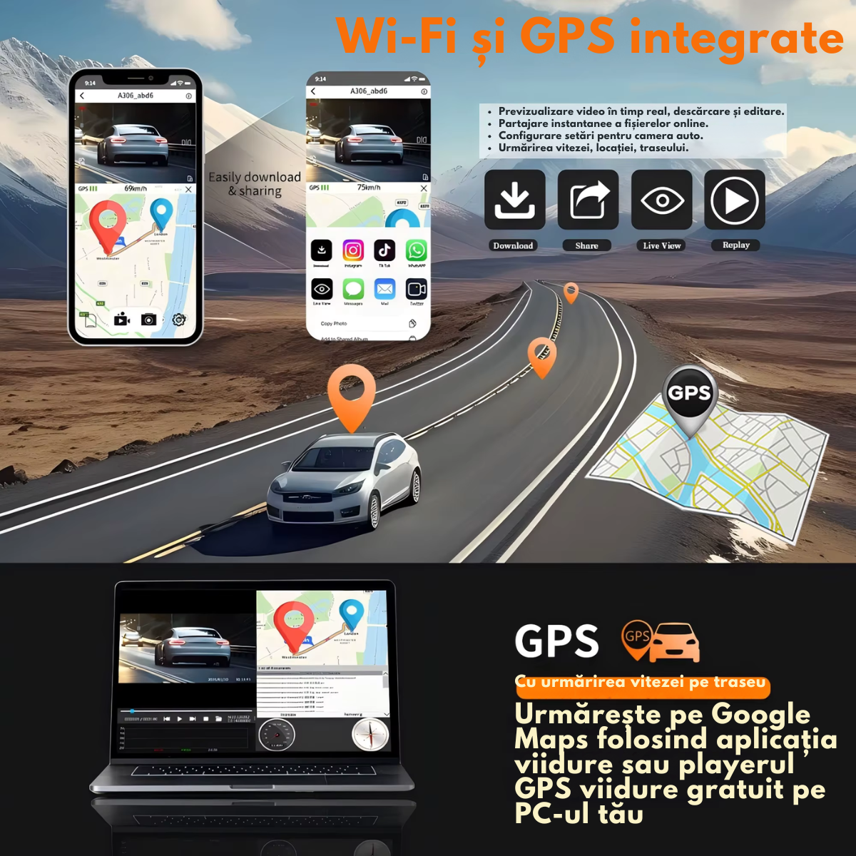 Camera de bord pentru masina cu 4 canale 360° – FHD 1080P, VisionHub®, WIFI + GPS, Monitorizare PARCARE 24h, G-Senzor, Aplicatie Telefon, Night Vision, Inregistrare in bucla, Ecran IPS 3 Inch, DVR cu Camera Fata + Spate + Stanga + Dreapta, Card 32Gb
