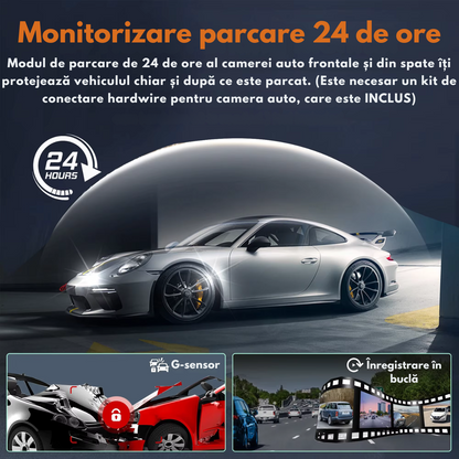 Camera de bord pentru masina cu 4 canale 360° – FHD 1080P, VisionHub®, WIFI + GPS, Monitorizare PARCARE 24h, G-Senzor, Aplicatie Telefon, Night Vision, Inregistrare in bucla, Ecran IPS 3 Inch, DVR cu Camera Fata + Spate + Stanga + Dreapta, Card 32Gb