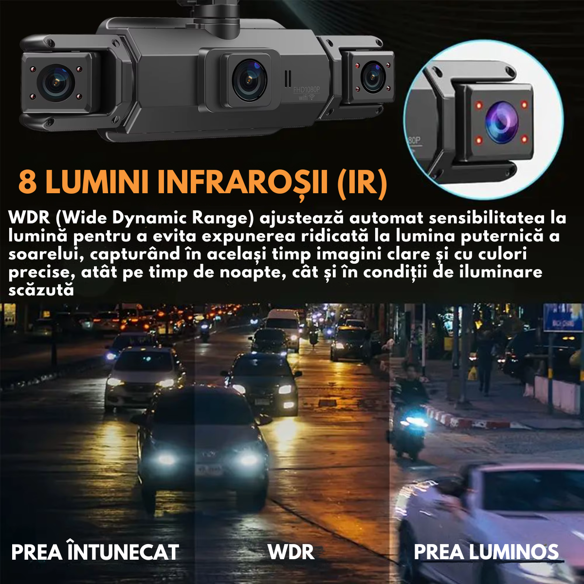 Camera de bord pentru masina cu 4 canale 360° – FHD 1080P, VisionHub®, WIFI + GPS, Monitorizare PARCARE 24h, G-Senzor, Aplicatie Telefon, Night Vision, Inregistrare in bucla, Ecran IPS 3 Inch, DVR cu Camera Fata + Spate + Stanga + Dreapta, Card 32Gb
