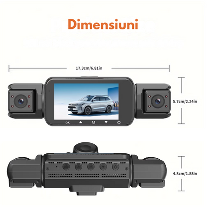 Camera de bord pentru masina cu 4 canale 360° – FHD 1080P, VisionHub®, WIFI + GPS, Monitorizare PARCARE 24h, G-Senzor, Aplicatie Telefon, Night Vision, Inregistrare in bucla, Ecran IPS 3 Inch, DVR cu Camera Fata + Spate + Stanga + Dreapta, Card 32Gb