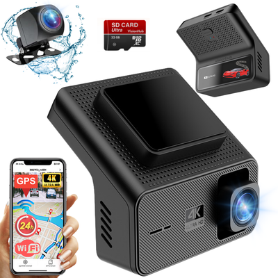 Camera Auto Dubla de bord 4k – 2160p Full HD, VisionHub®, WIFI + GPS, Monitorizare PARCARE 24h, G-Senzor, Aplicatie Telefon, Night Vision, Inregistrare in bucla, Unghi Larg 170°, Ecran IPS 1, 47 Inch, DVR cu Camera Fata 4k + Spate 1080p, Card 32Gb, Negru