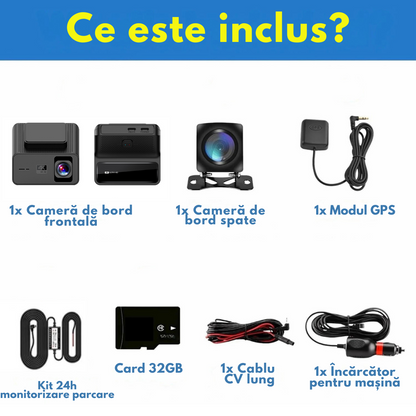 Camera Auto Dubla de bord 4k – 2160p Full HD, VisionHub®, WIFI + GPS, Monitorizare PARCARE 24h, G-Senzor, Aplicatie Telefon, Night Vision, Inregistrare in bucla, Unghi Larg 170°, Ecran IPS 1, 47 Inch, DVR cu Camera Fata 4k + Spate 1080p, Card 32Gb, Negru