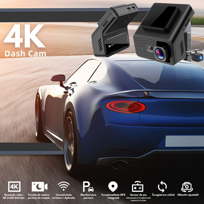 Camera Auto Dubla de bord 4k – 2160p Full HD, VisionHub®, WIFI + GPS, Monitorizare PARCARE 24h, G-Senzor, Aplicatie Telefon, Night Vision, Inregistrare in bucla, Unghi Larg 170°, Ecran IPS 1, 47 Inch, DVR cu Camera Fata 4k + Spate 1080p, Card 32Gb, Negru