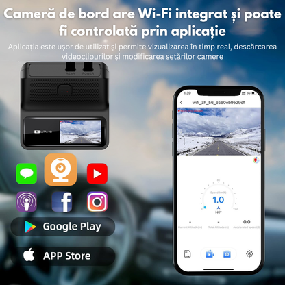 Camera Auto Dubla de bord 4k – 2160p Full HD, VisionHub®, WIFI + GPS, Monitorizare PARCARE 24h, G-Senzor, Aplicatie Telefon, Night Vision, Inregistrare in bucla, Unghi Larg 170°, Ecran IPS 1, 47 Inch, DVR cu Camera Fata 4k + Spate 1080p, Card 32Gb, Negru