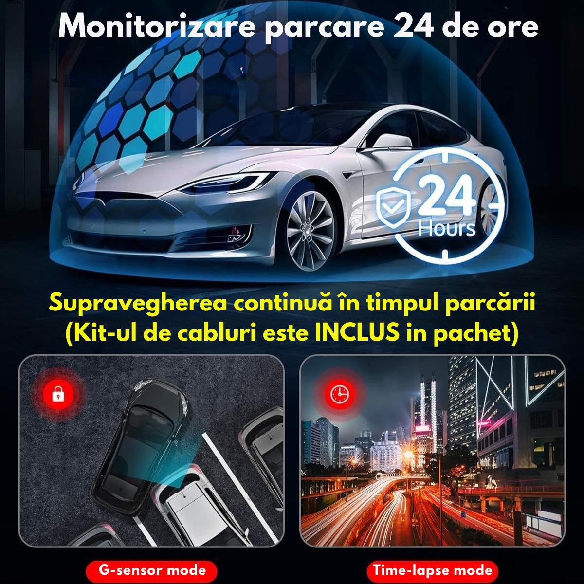 Camera Auto Dubla de bord 4k – 2160p Full HD, VisionHub®, WIFI + GPS, Monitorizare PARCARE 24h, G-Senzor, Aplicatie Telefon, Night Vision, Inregistrare in bucla, Unghi Larg 170°, Ecran IPS 1, 47 Inch, DVR cu Camera Fata 4k + Spate 1080p, Card 32Gb, Negru