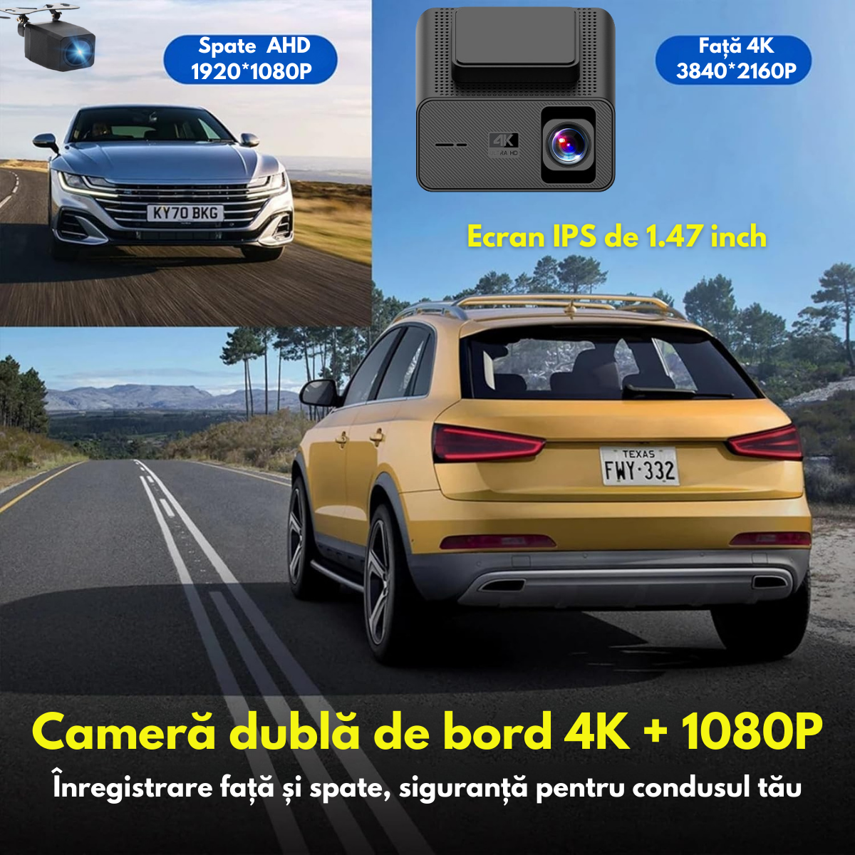 Camera Auto Dubla de bord 4k – 2160p Full HD, VisionHub®, WIFI + GPS, Monitorizare PARCARE 24h, G-Senzor, Aplicatie Telefon, Night Vision, Inregistrare in bucla, Unghi Larg 170°, Ecran IPS 1, 47 Inch, DVR cu Camera Fata 4k + Spate 1080p, Card 32Gb, Negru