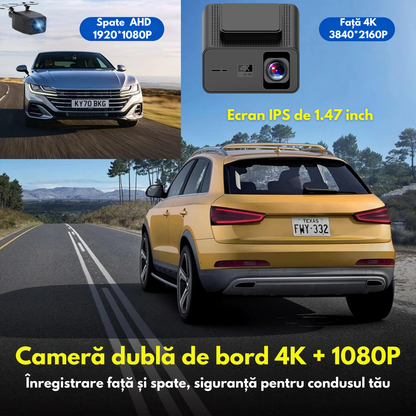 Camera Auto Dubla de bord 4k – 2160p Full HD, VisionHub®, WIFI + GPS, Monitorizare PARCARE 24h, G-Senzor, Aplicatie Telefon, Night Vision, Inregistrare in bucla, Unghi Larg 170°, Ecran IPS 1, 47 Inch, DVR cu Camera Fata 4k + Spate 1080p, Card 32Gb, Negru