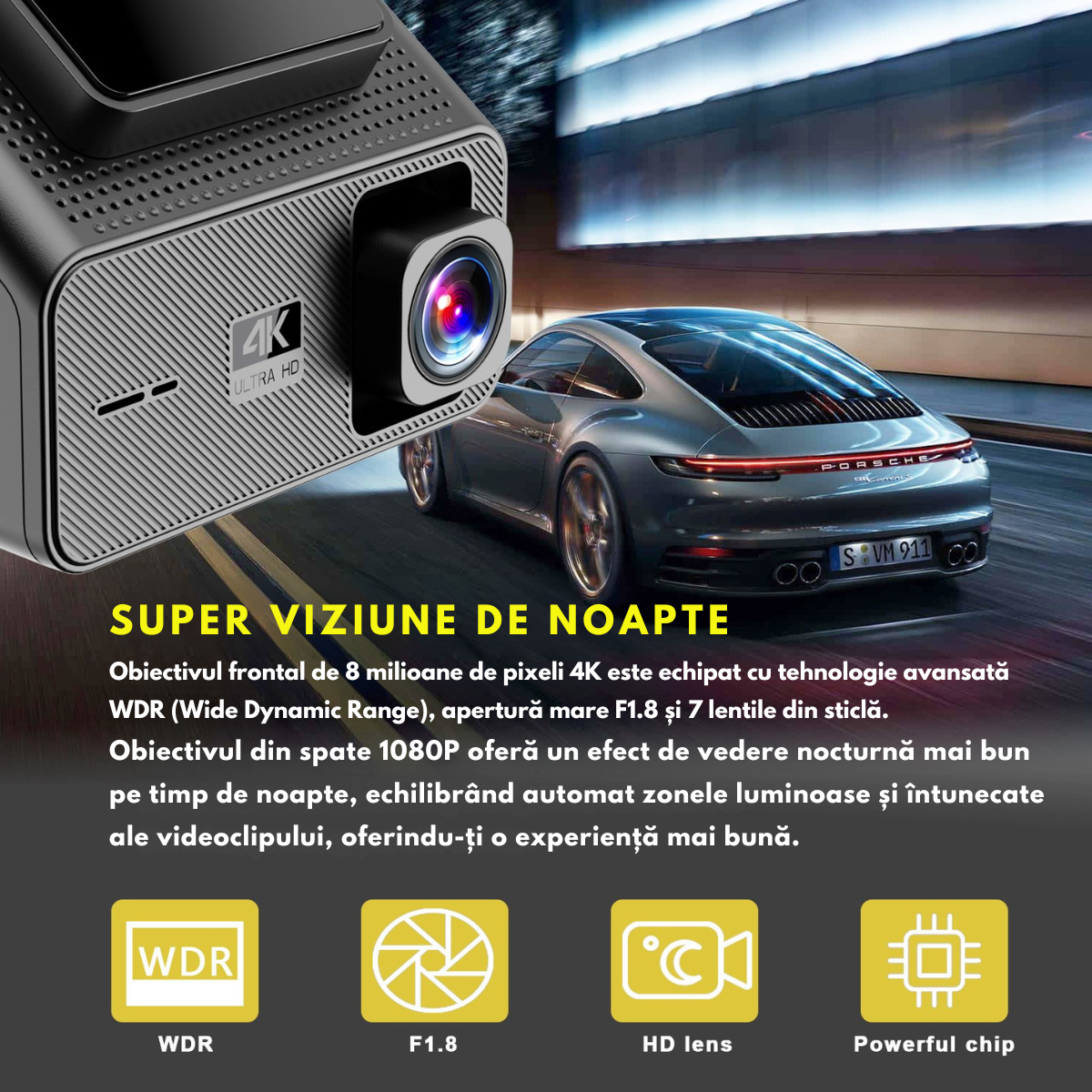 Camera Auto Dubla de bord 4k – 2160p Full HD, VisionHub®, WIFI + GPS, Monitorizare PARCARE 24h, G-Senzor, Aplicatie Telefon, Night Vision, Inregistrare in bucla, Unghi Larg 170°, Ecran IPS 1, 47 Inch, DVR cu Camera Fata 4k + Spate 1080p, Card 32Gb, Negru