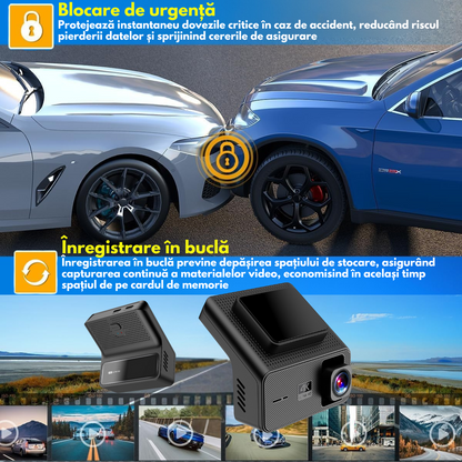 Camera Auto Dubla de bord 4k – 2160p Full HD, VisionHub®, WIFI + GPS, Monitorizare PARCARE 24h, G-Senzor, Aplicatie Telefon, Night Vision, Inregistrare in bucla, Unghi Larg 170°, Ecran IPS 1, 47 Inch, DVR cu Camera Fata 4k + Spate 1080p, Card 32Gb, Negru