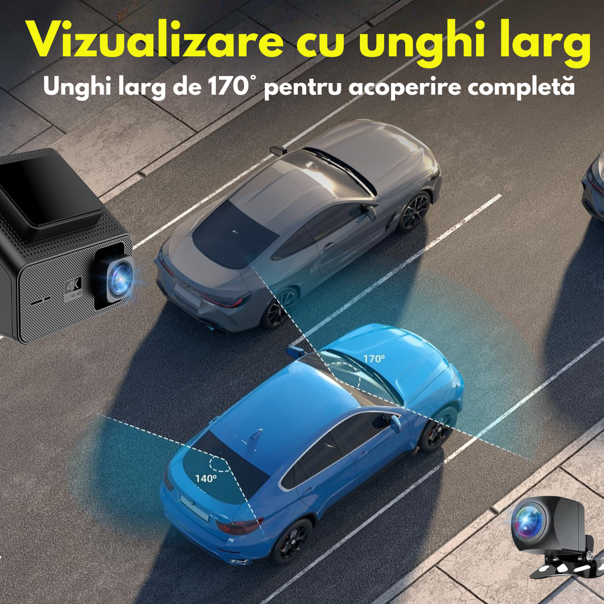 Camera Auto Dubla de bord 4k – 2160p Full HD, VisionHub®, WIFI + GPS, Monitorizare PARCARE 24h, G-Senzor, Aplicatie Telefon, Night Vision, Inregistrare in bucla, Unghi Larg 170°, Ecran IPS 1, 47 Inch, DVR cu Camera Fata 4k + Spate 1080p, Card 32Gb, Negru