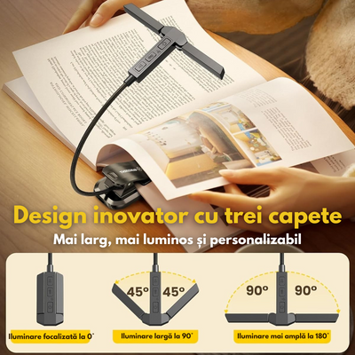 Lampa Pentru Citit Carte, Reader Buddy cu 3 capete Reglabile pentru Lectura, 27 x LED Super Bright, 3 Culori, Rece, Cald, Neutru, 5 Nivele Intensitate, 100 De Ore, Acumulator 1000 mAh, Reincarcabila, Temporizator, Negru