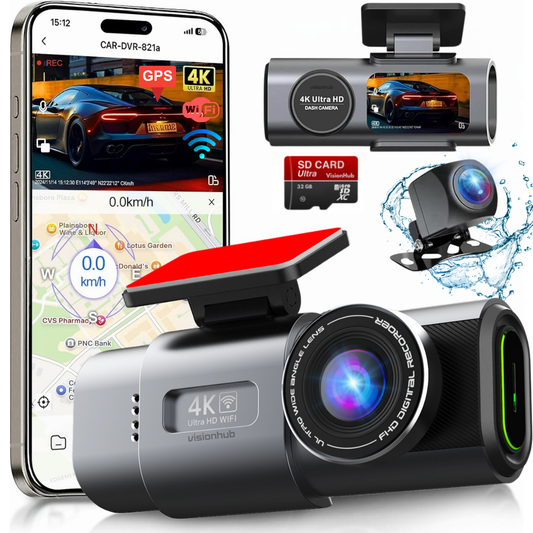 Camera Auto Dubla de bord 4k – 2160p Full HD, VisionHub®, WIFI + GPS, G-Senzor Reglabil, Aplicatie pe Telefon, Night Vision, Inregistrare in bucla, Unghi Larg 170°, Instructiuni voce, Ecran IPS 2, 0 Inch, DVR cu Camera Fata 4k + Spate 1080p inclusa, Negru