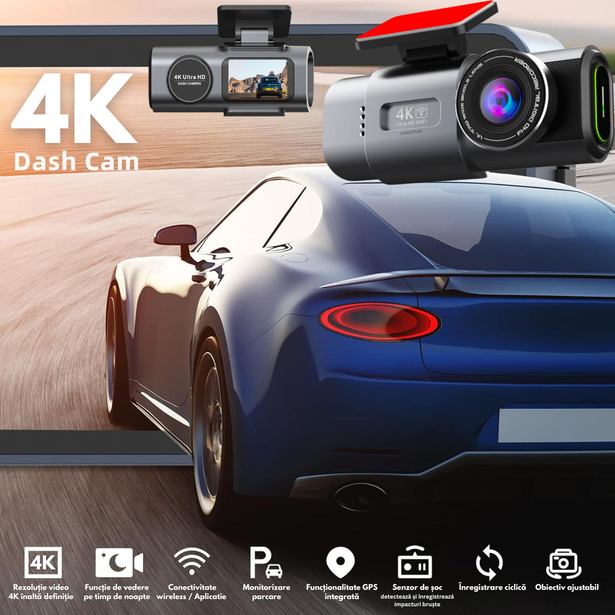 Camera Auto Dubla de bord 4k – 2160p Full HD, VisionHub®, WIFI + GPS, G-Senzor Reglabil, Aplicatie pe Telefon, Night Vision, Inregistrare in bucla, Unghi Larg 170°, Instructiuni voce, Ecran IPS 2, 0 Inch, DVR cu Camera Fata 4k + Spate 1080p inclusa, Negru